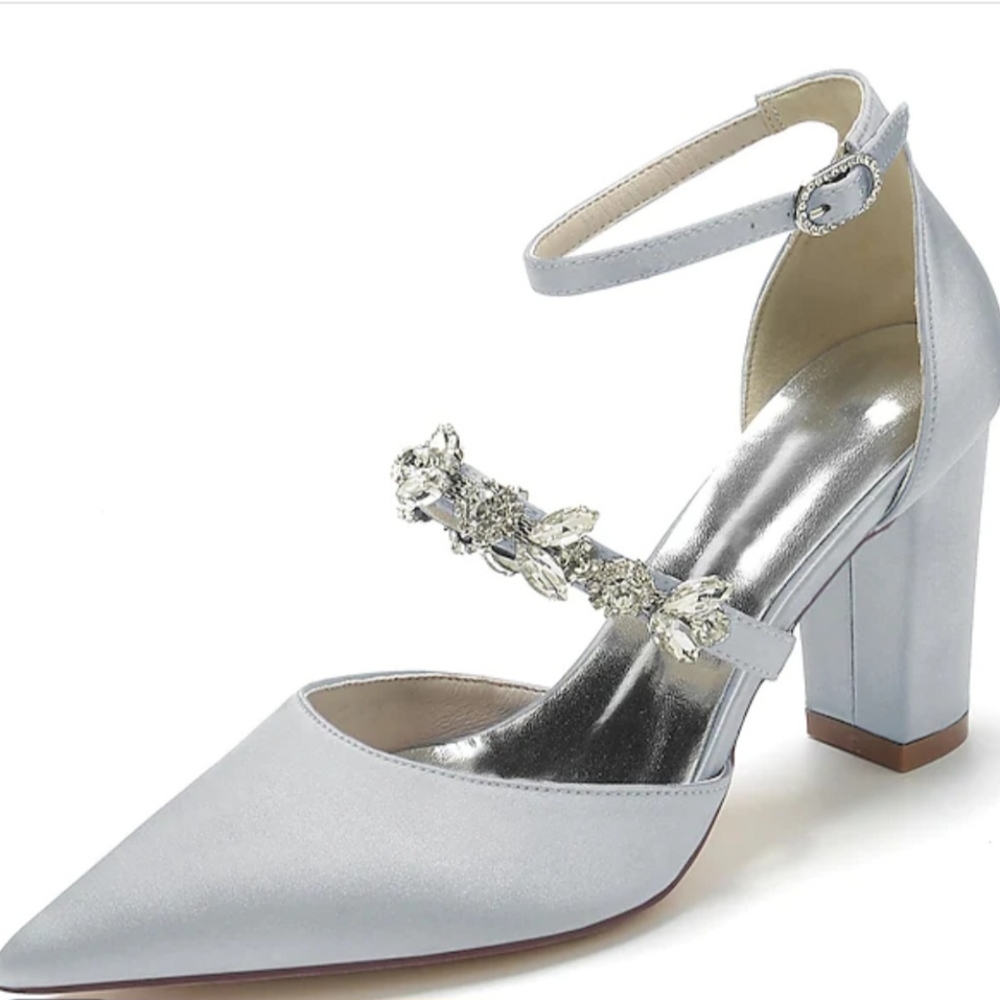 Silver Rhinestone Embellished Wedding Chunky Heel Ankle Tie